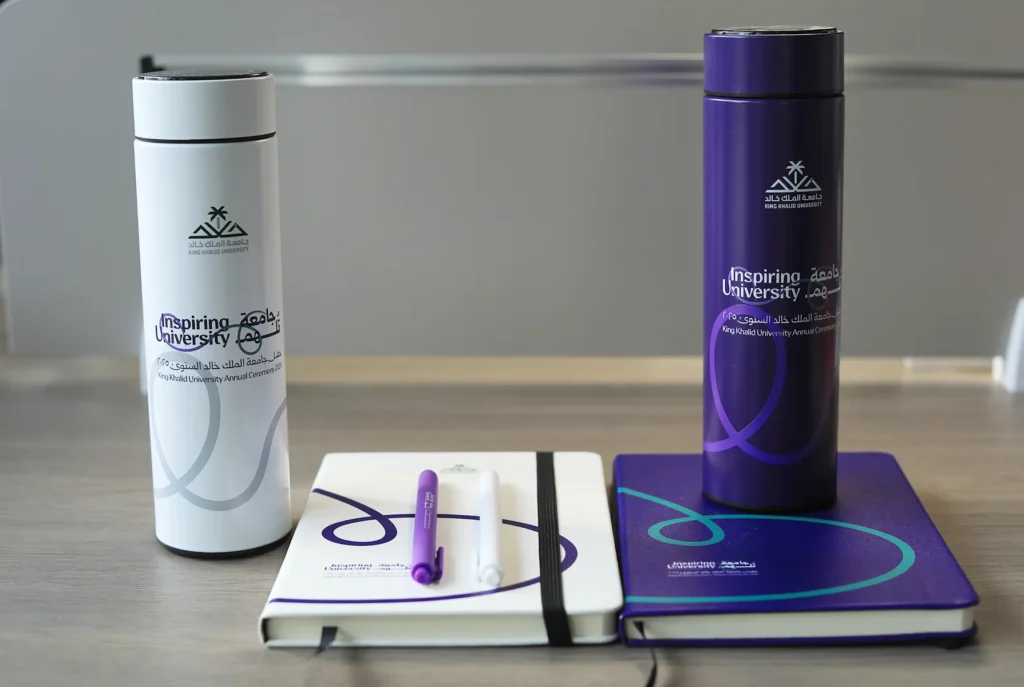 Custom branded logo gift set including notebook, pen and vacuum mug