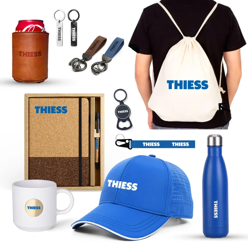 Custom Logo Cork Notebook and Pen Gift Set with Promotional Leather Can Cooler and Royal Blue Cap