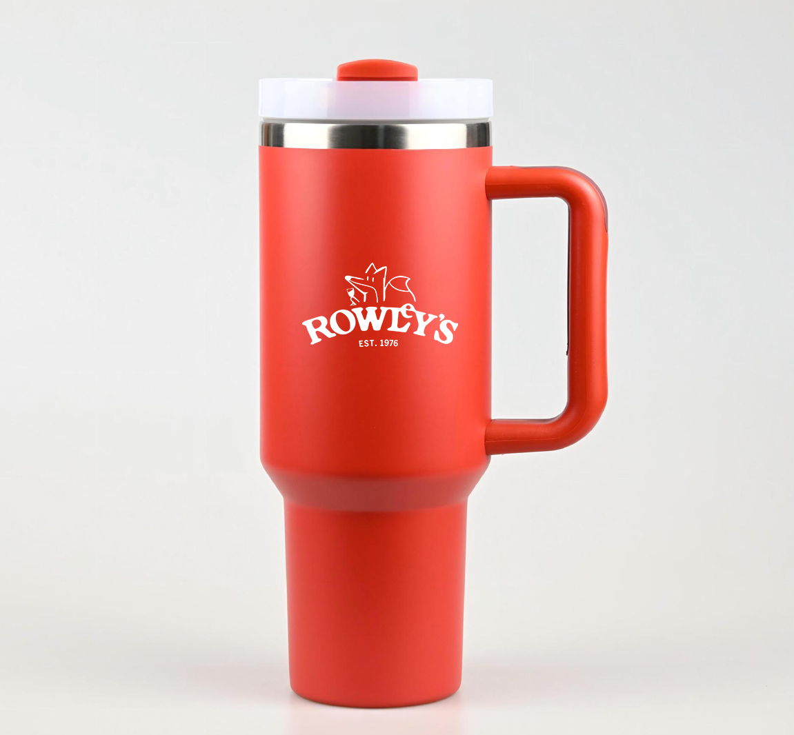 Stainless steel straw tumbler with Rowley's UV-printed logo