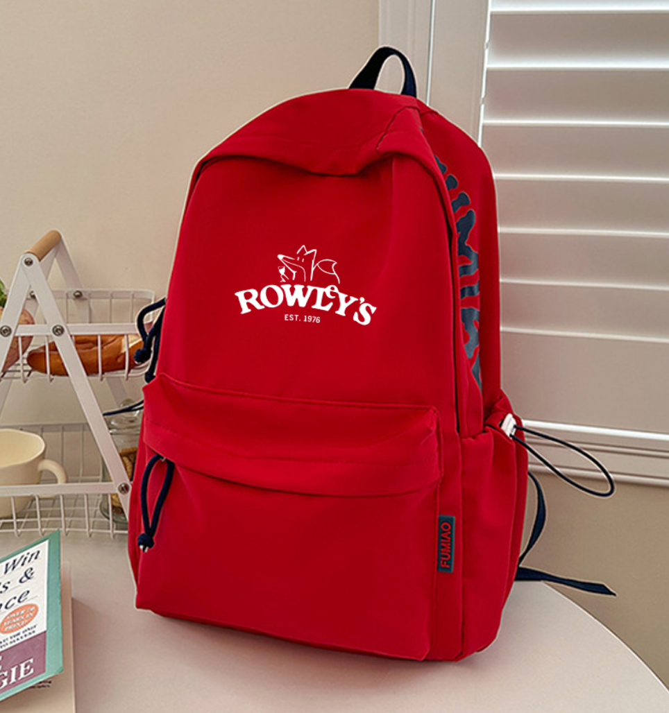 Red custom backpack with Rowley's heat transfer logo