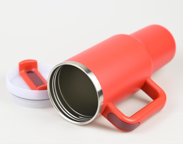 Red stainless steel straw tumbler with handle and removable lid