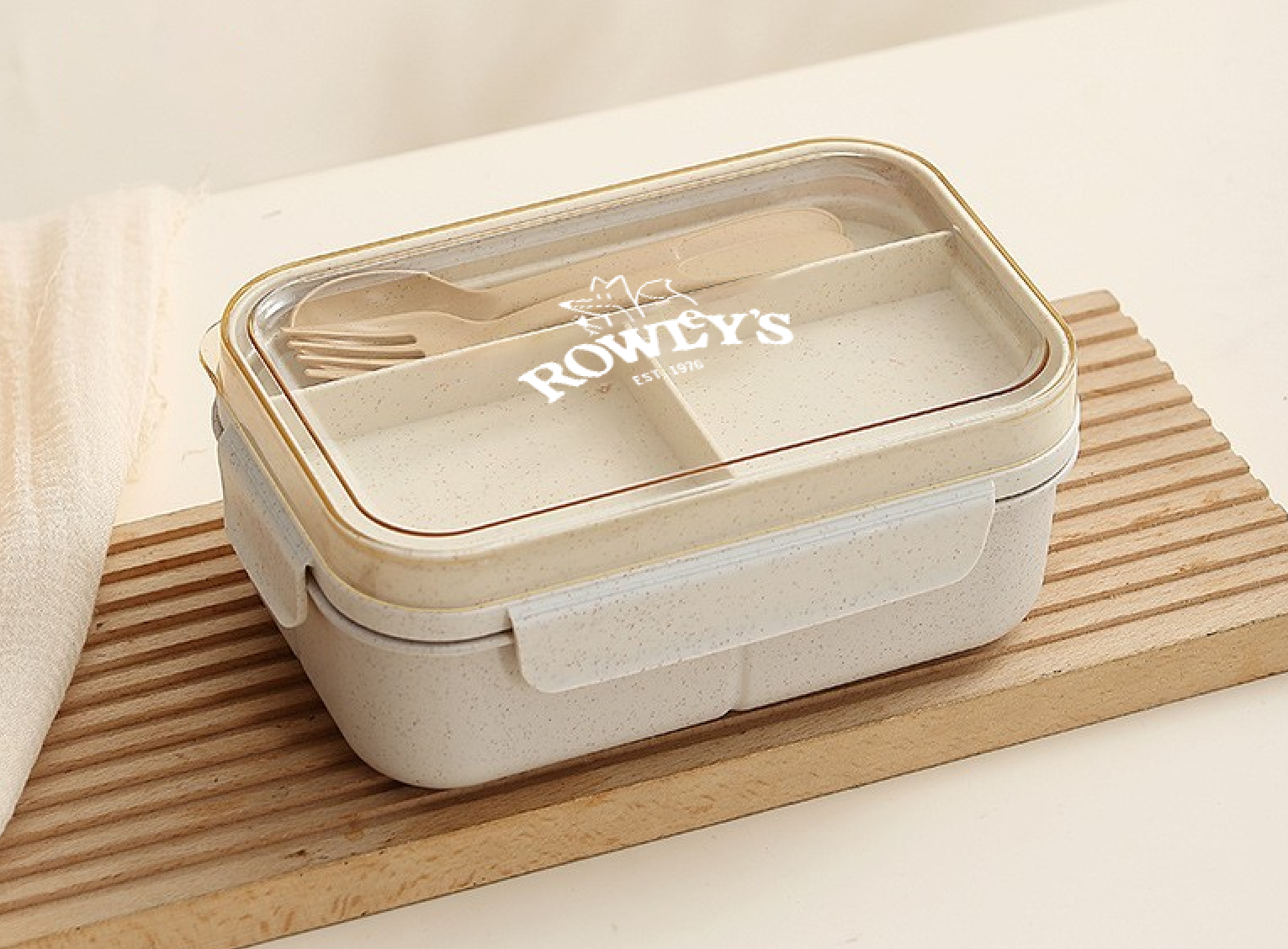 Double-layer wheat-straw lunch box with silk-screened Rowley's logo