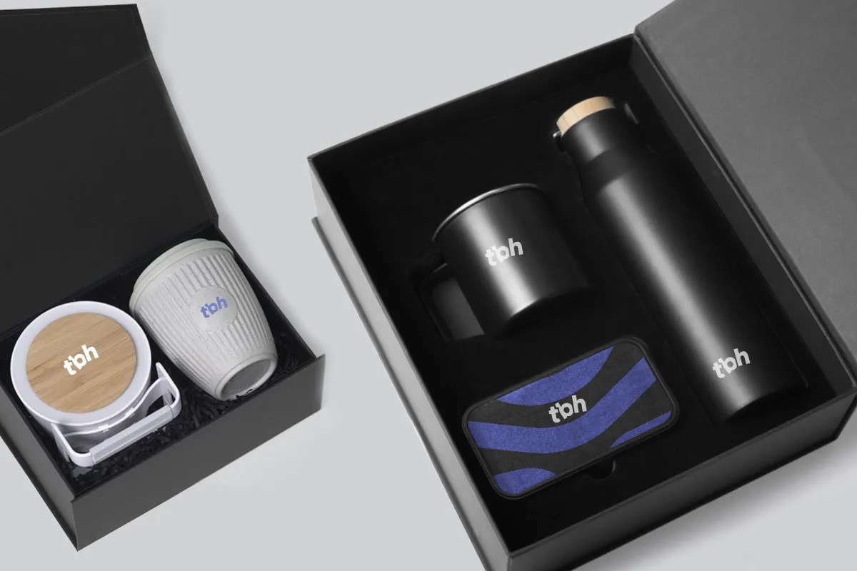 Premium branded gift box set with drinkware and technology accessories