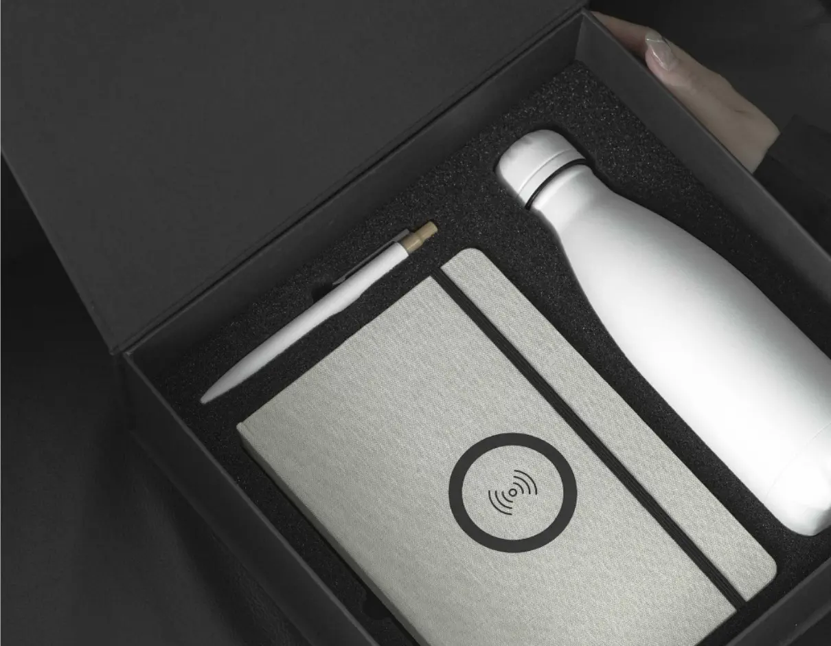 Premium custom corporate gift set with notebook and insulated bottle